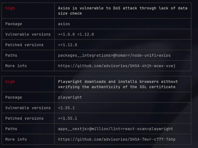 résultat de la commande pnpm audit