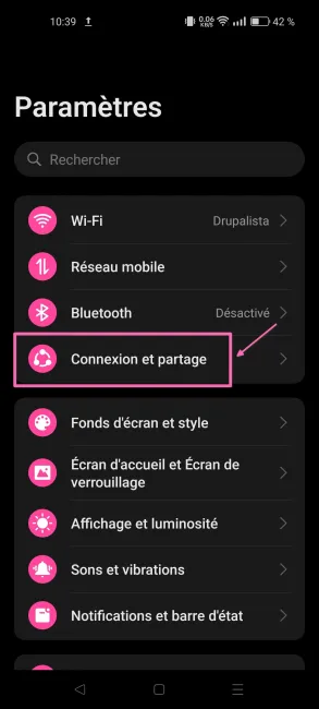 Screeshot des paramètres Android 
