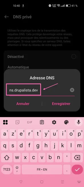 Screenshot ajout adresse DNS