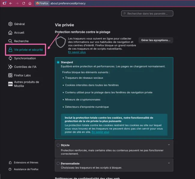 Screenshot section Vie privée et sécurité 
